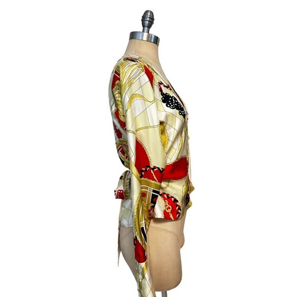 Pink Tartan Multicolor Long Sleeve V-Neck  Faux Wrap Silk Blouse 6 NWT - Picture 2 of 6